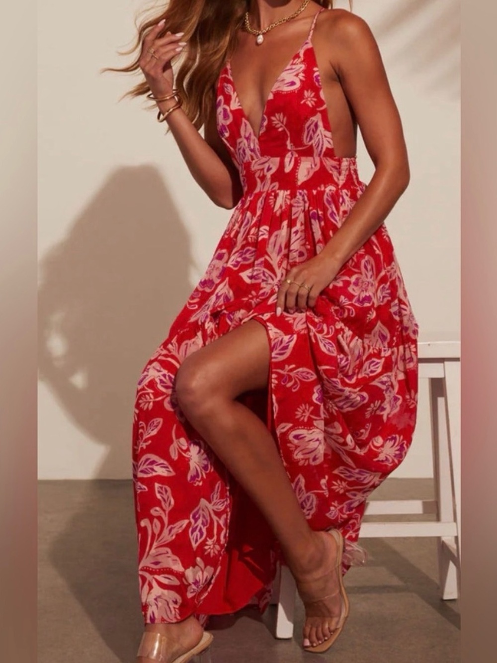 Vici Lisette V-Neck Floral Print Tiered Maxi Dress